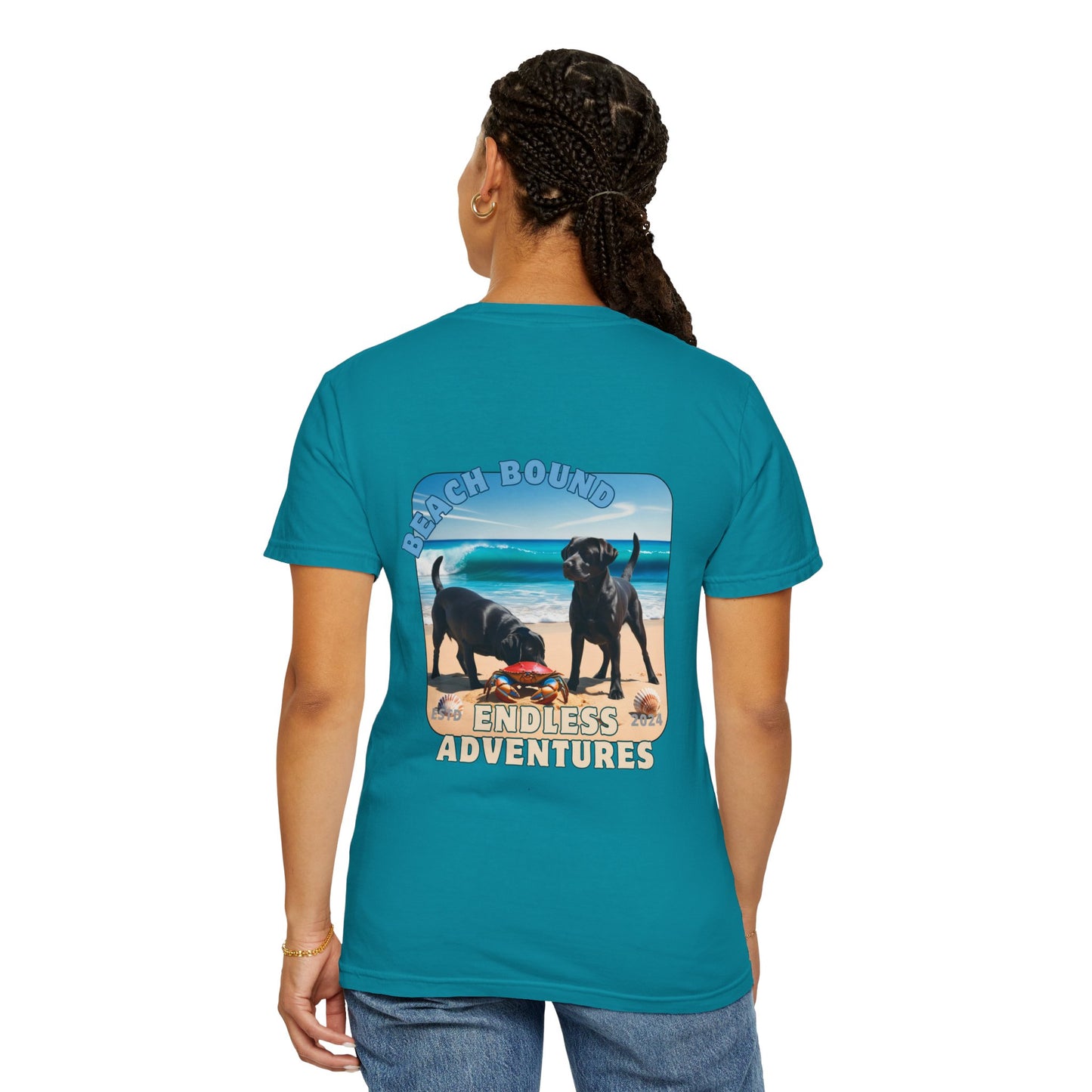 Jetty’s Adventures, Beach Bound, two labs , Unisex Garment-Dyed T-shirt