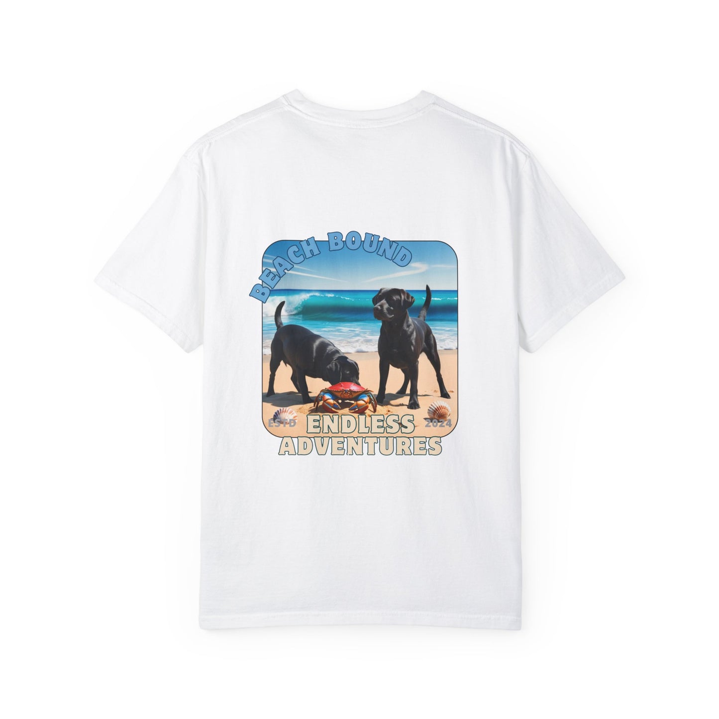 Jetty’s Adventures, Beach Bound, two labs , Unisex Garment-Dyed T-shirt