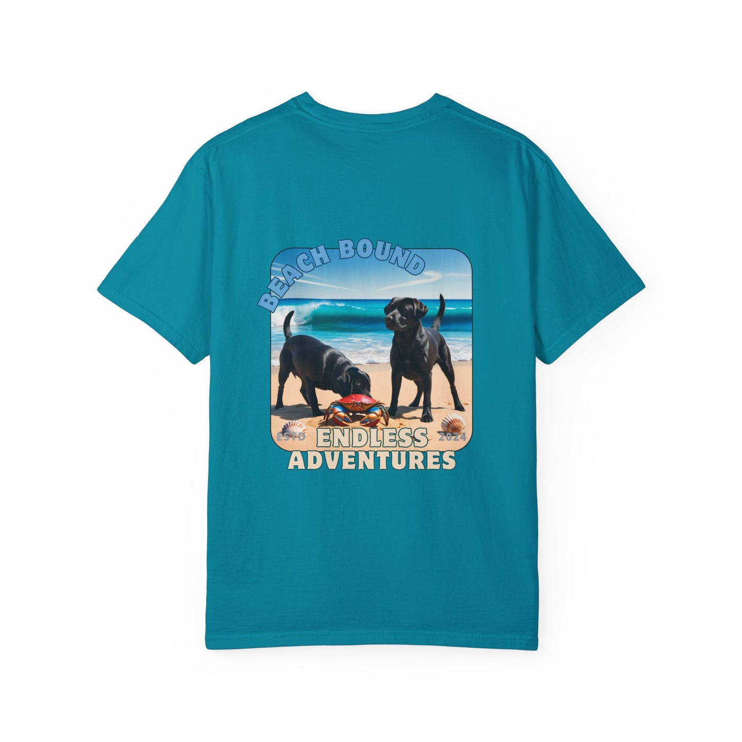 Jetty’s Adventures, Beach Bound, two labs , Unisex Garment-Dyed T-shirt