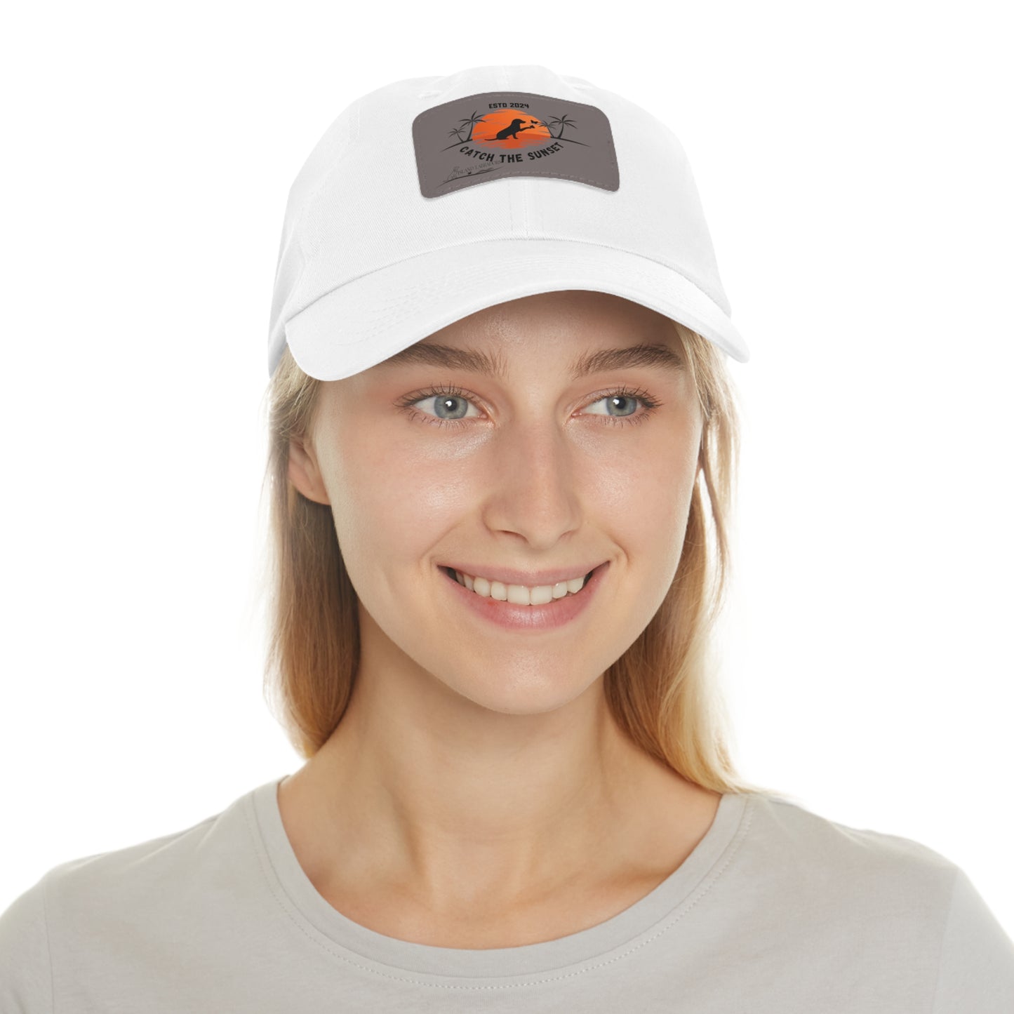 Catch the sunset, dog and butterfly, Dad Hat with Leather Patch (Rectangle)