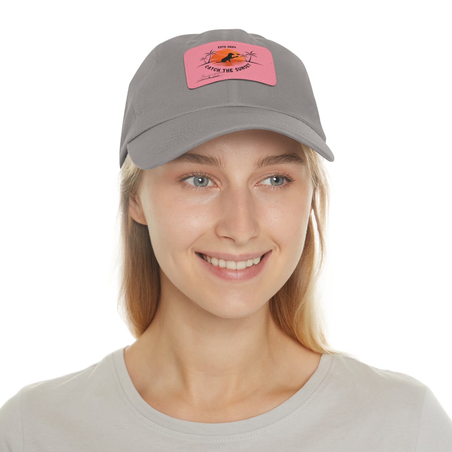 Catch the sunset, dog and butterfly, Dad Hat with Leather Patch (Rectangle)