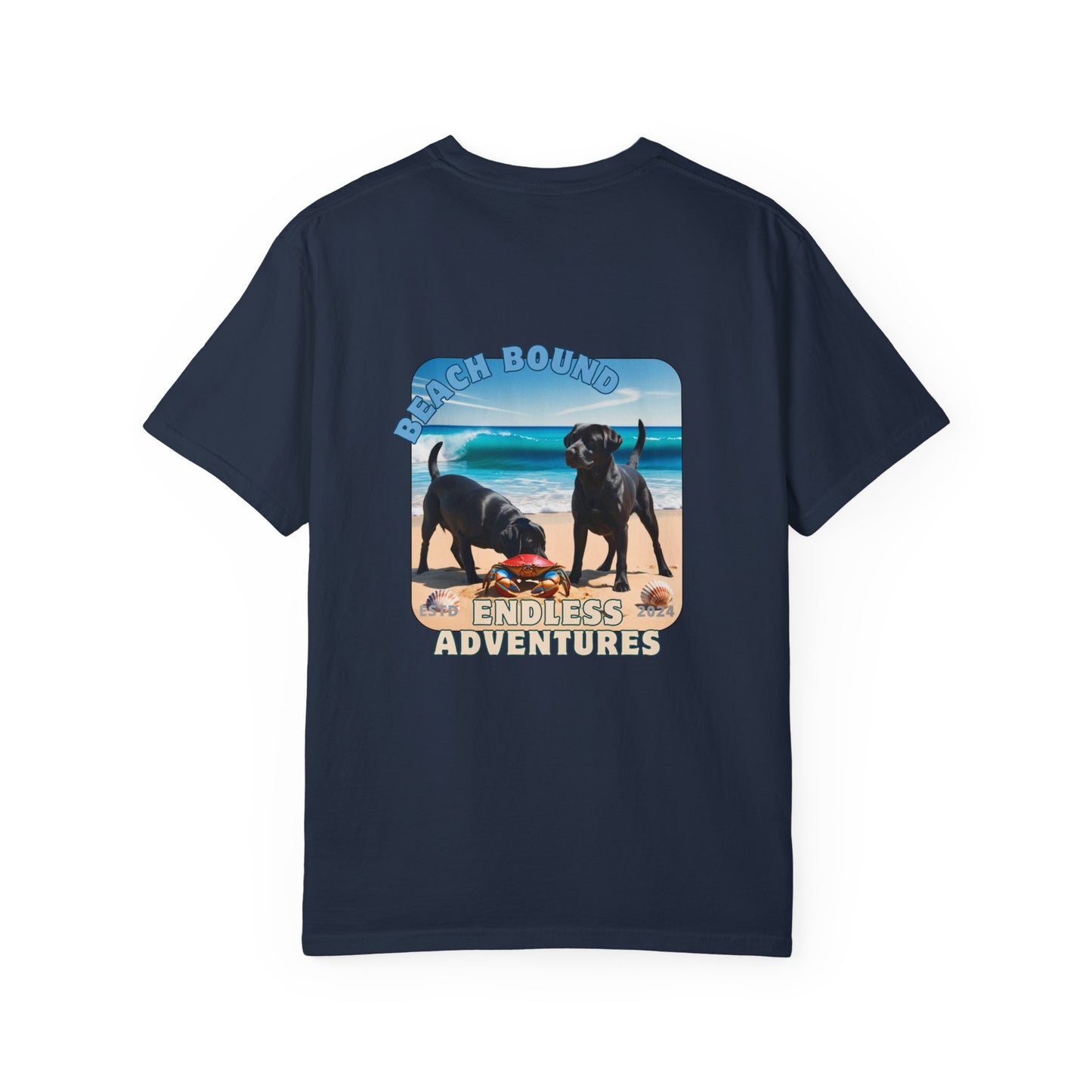 Jetty’s Adventures, Beach Bound, two labs , Unisex Garment-Dyed T-shirt