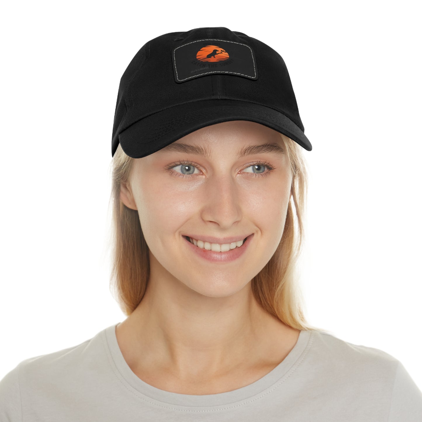 Catch the sunset, dog and butterfly, Dad Hat with Leather Patch (Rectangle)