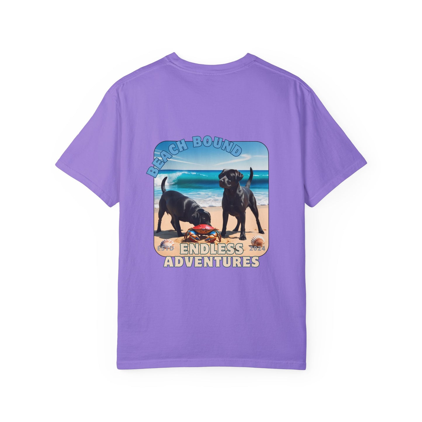 Jetty’s Adventures, Beach Bound, two labs , Unisex Garment-Dyed T-shirt