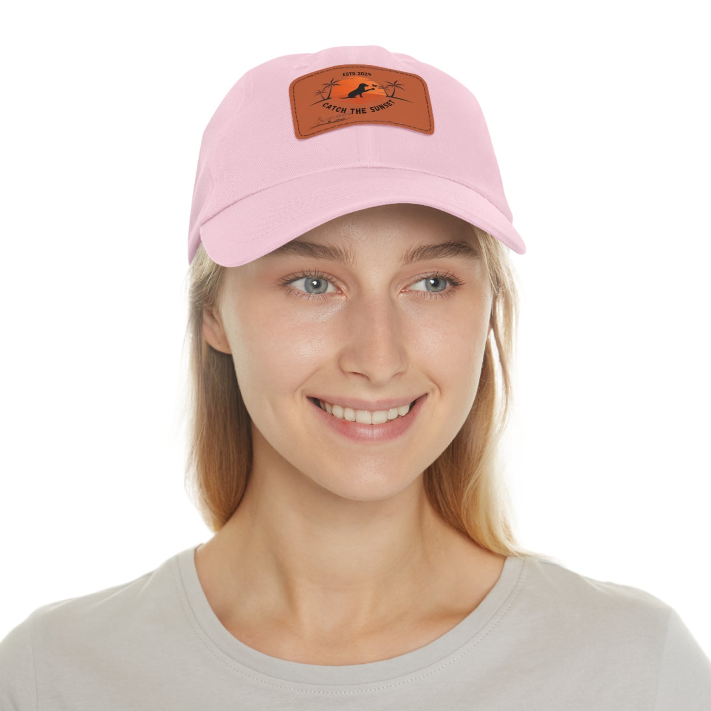 Catch the sunset, dog and butterfly, Dad Hat with Leather Patch (Rectangle)