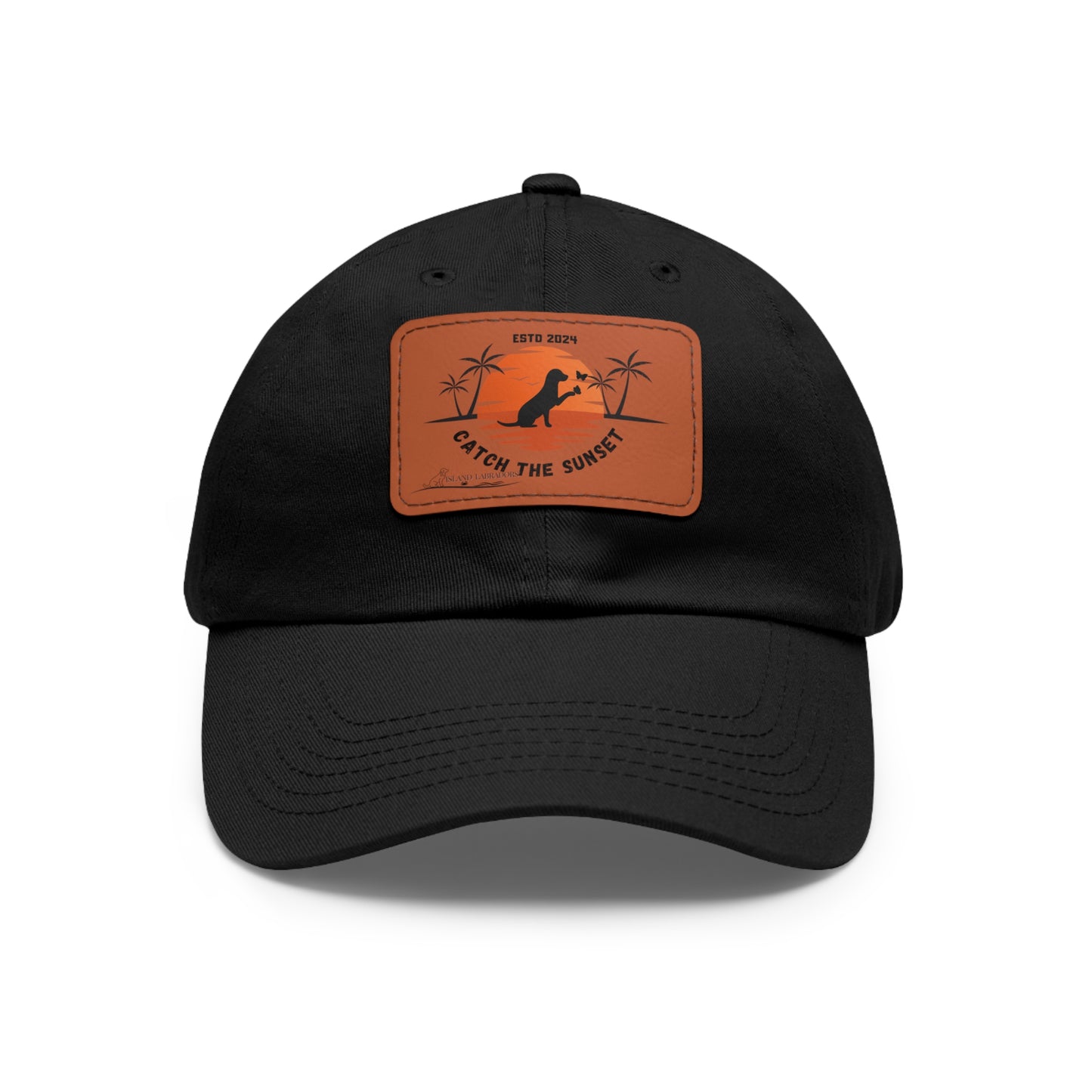 Catch the sunset, dog and butterfly, Dad Hat with Leather Patch (Rectangle)