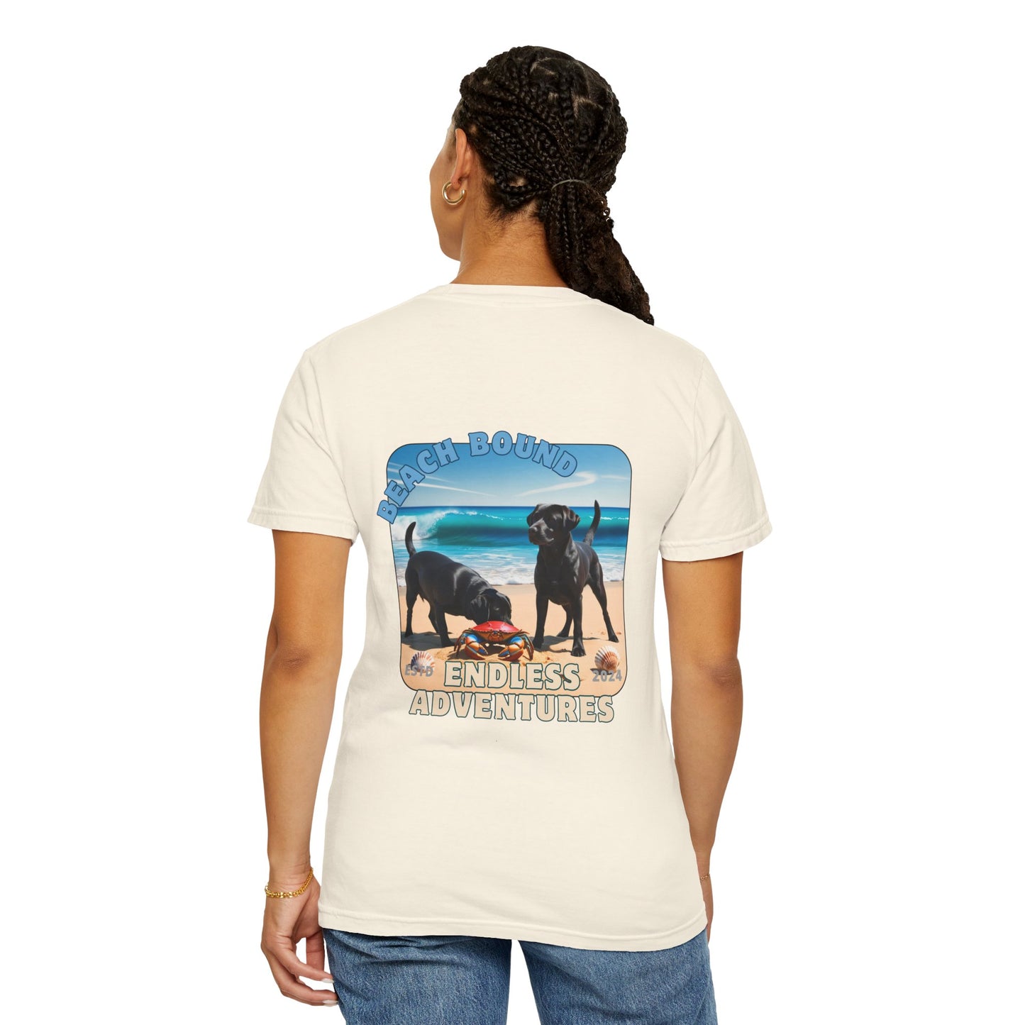 Jetty’s Adventures, Beach Bound, two labs , Unisex Garment-Dyed T-shirt
