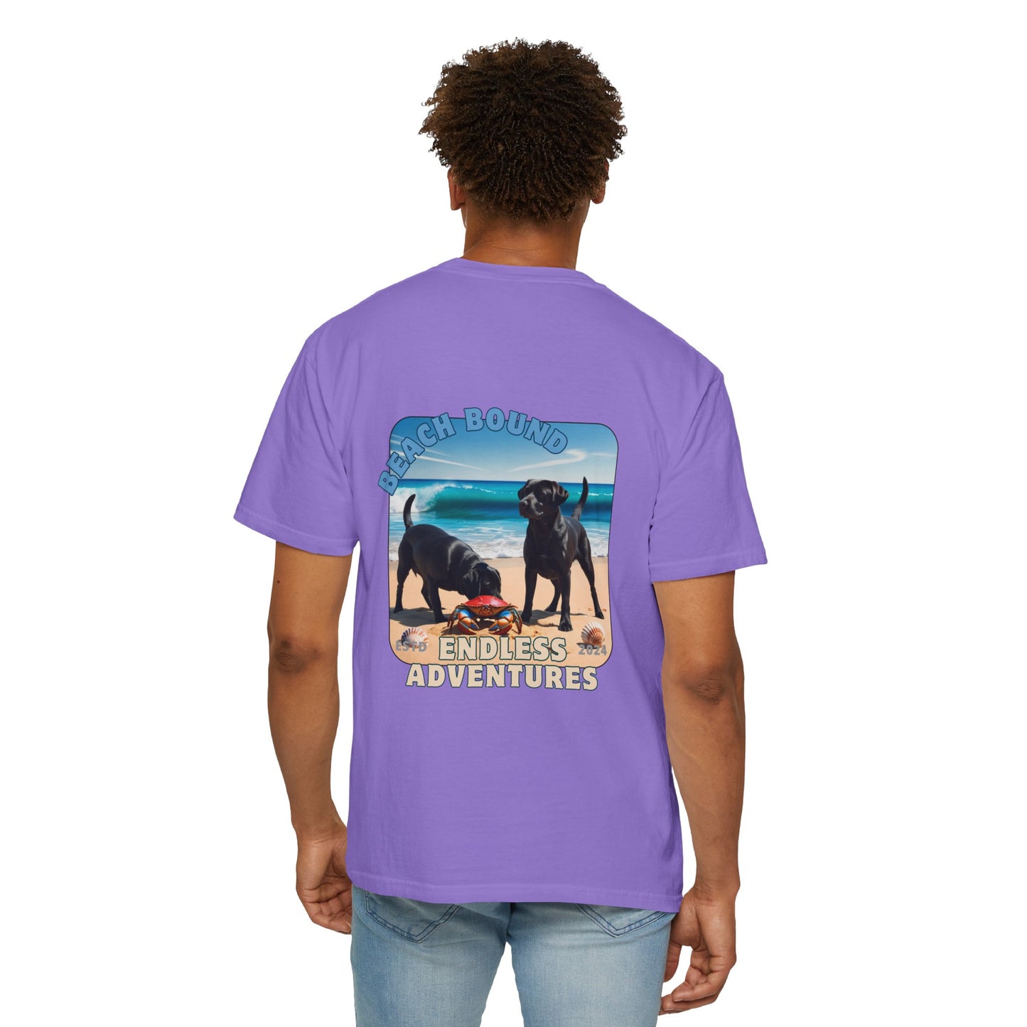 Jetty’s Adventures, Beach Bound, two labs , Unisex Garment-Dyed T-shirt