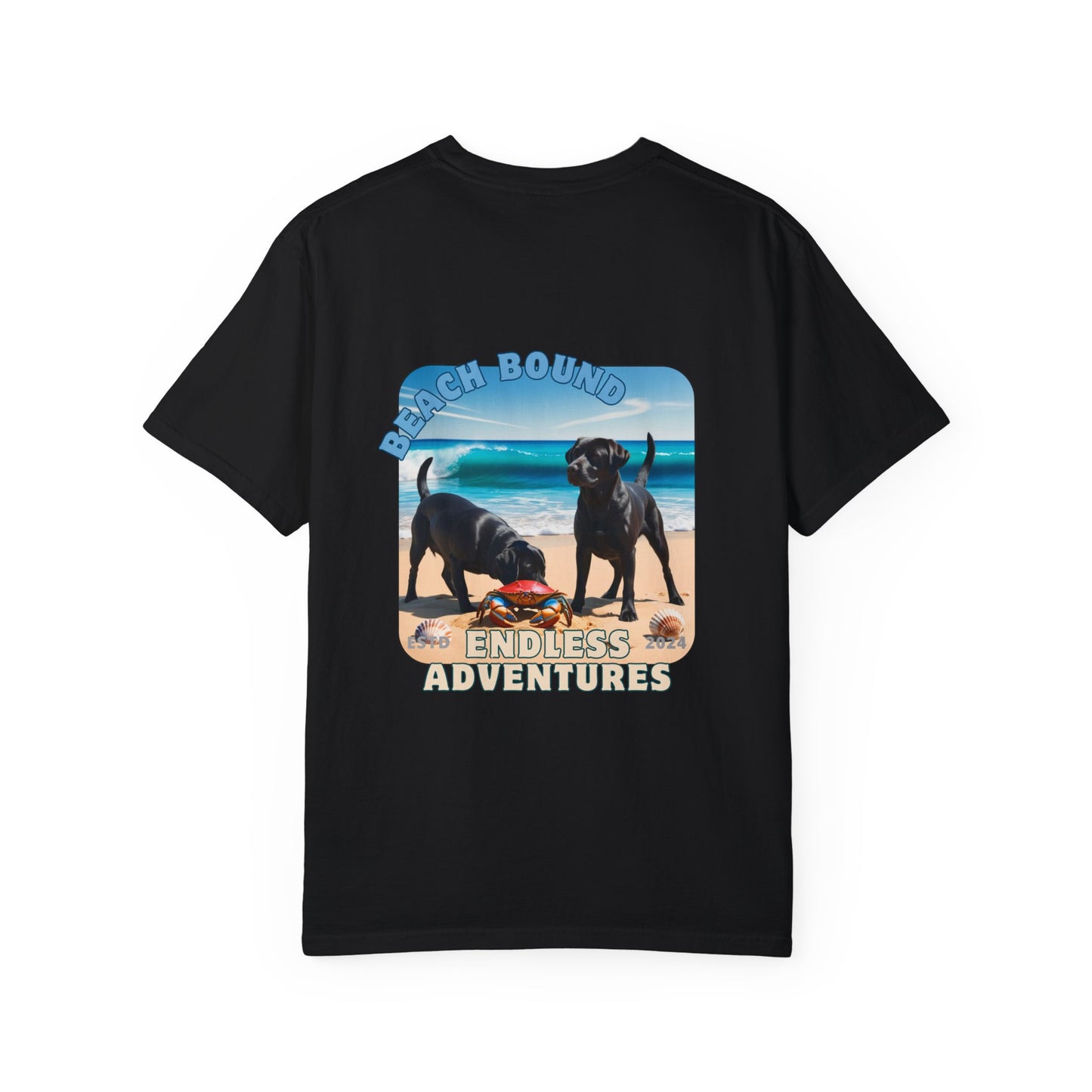 Jetty’s Adventures, Beach Bound, two labs , Unisex Garment-Dyed T-shirt