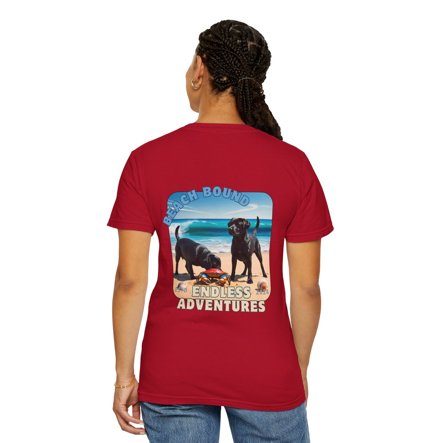 Jetty’s Adventures, Beach Bound, two labs , Unisex Garment-Dyed T-shirt