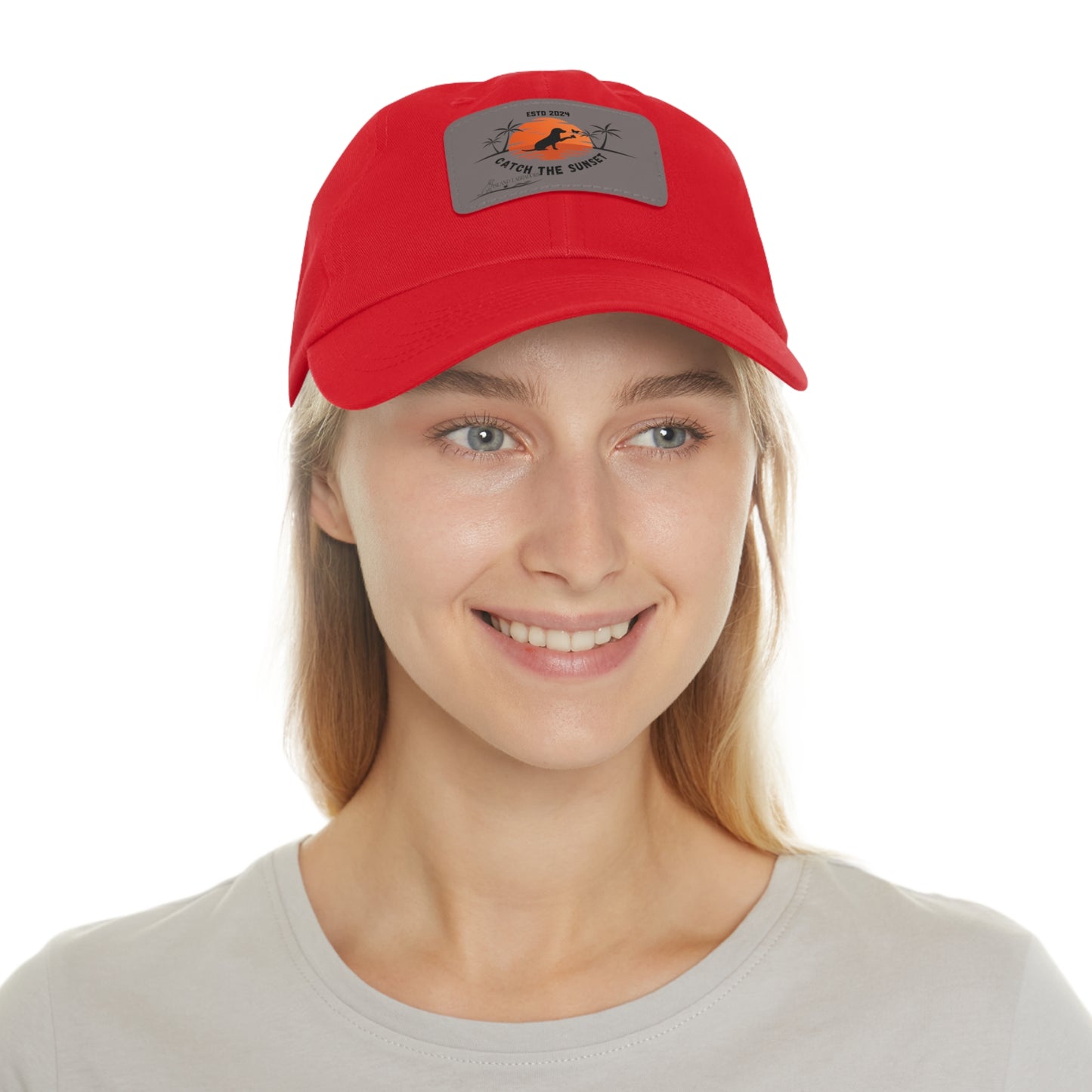 Catch the sunset, dog and butterfly, Dad Hat with Leather Patch (Rectangle)
