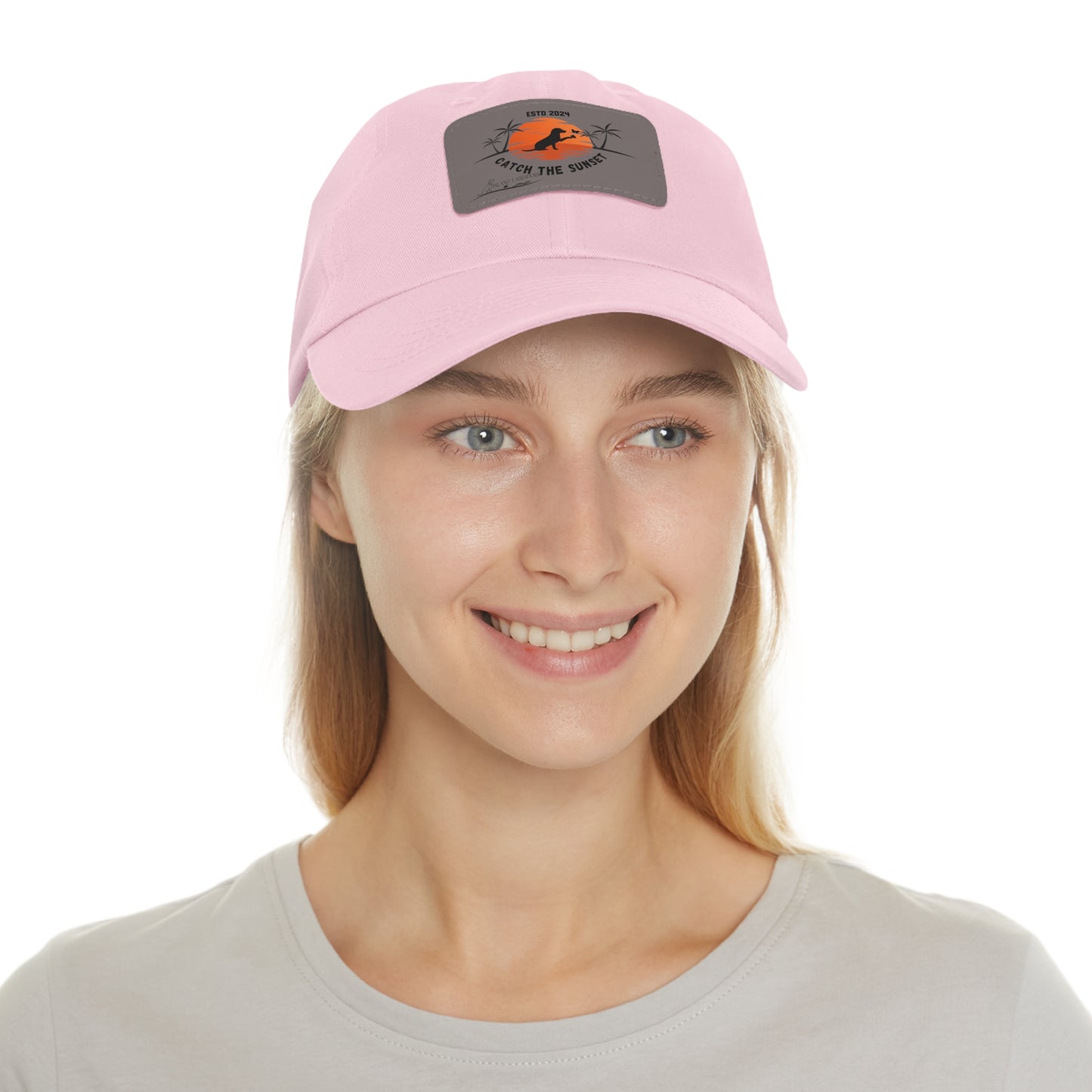 Catch the sunset, dog and butterfly, Dad Hat with Leather Patch (Rectangle)