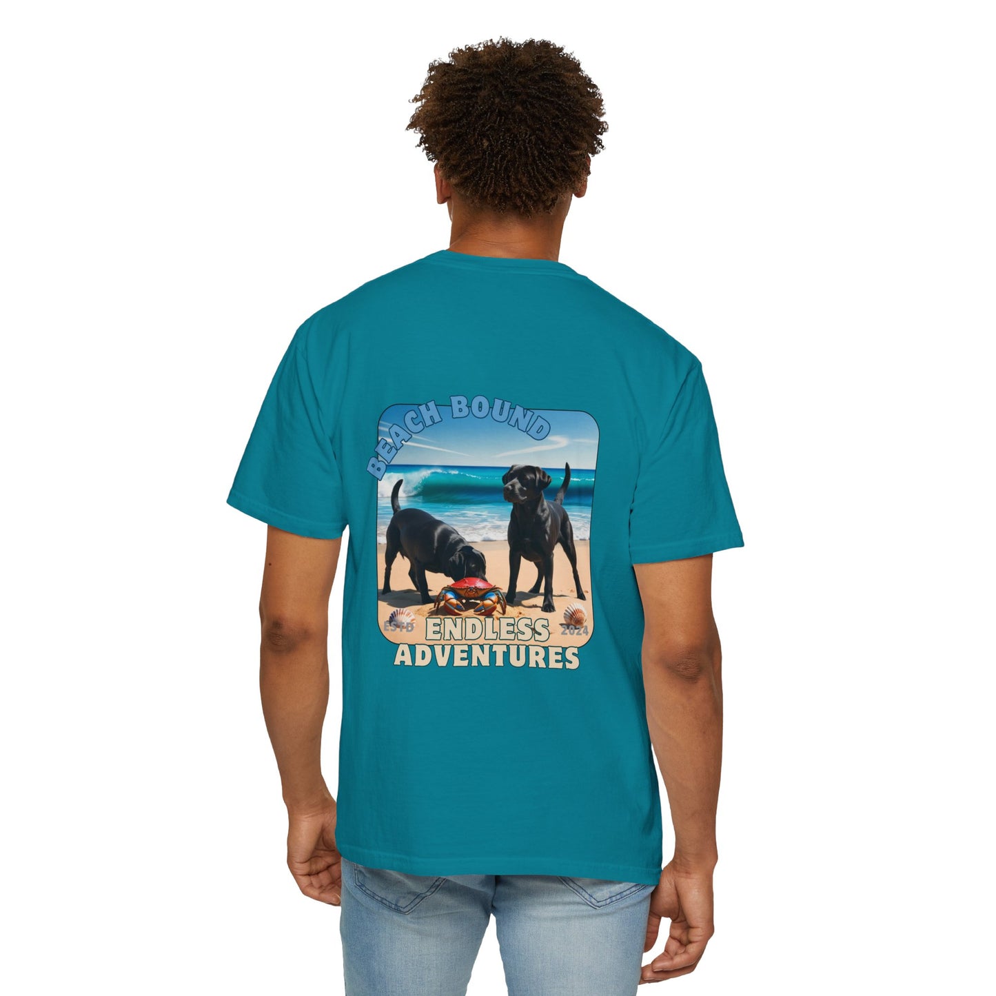 Jetty’s Adventures, Beach Bound, two labs , Unisex Garment-Dyed T-shirt