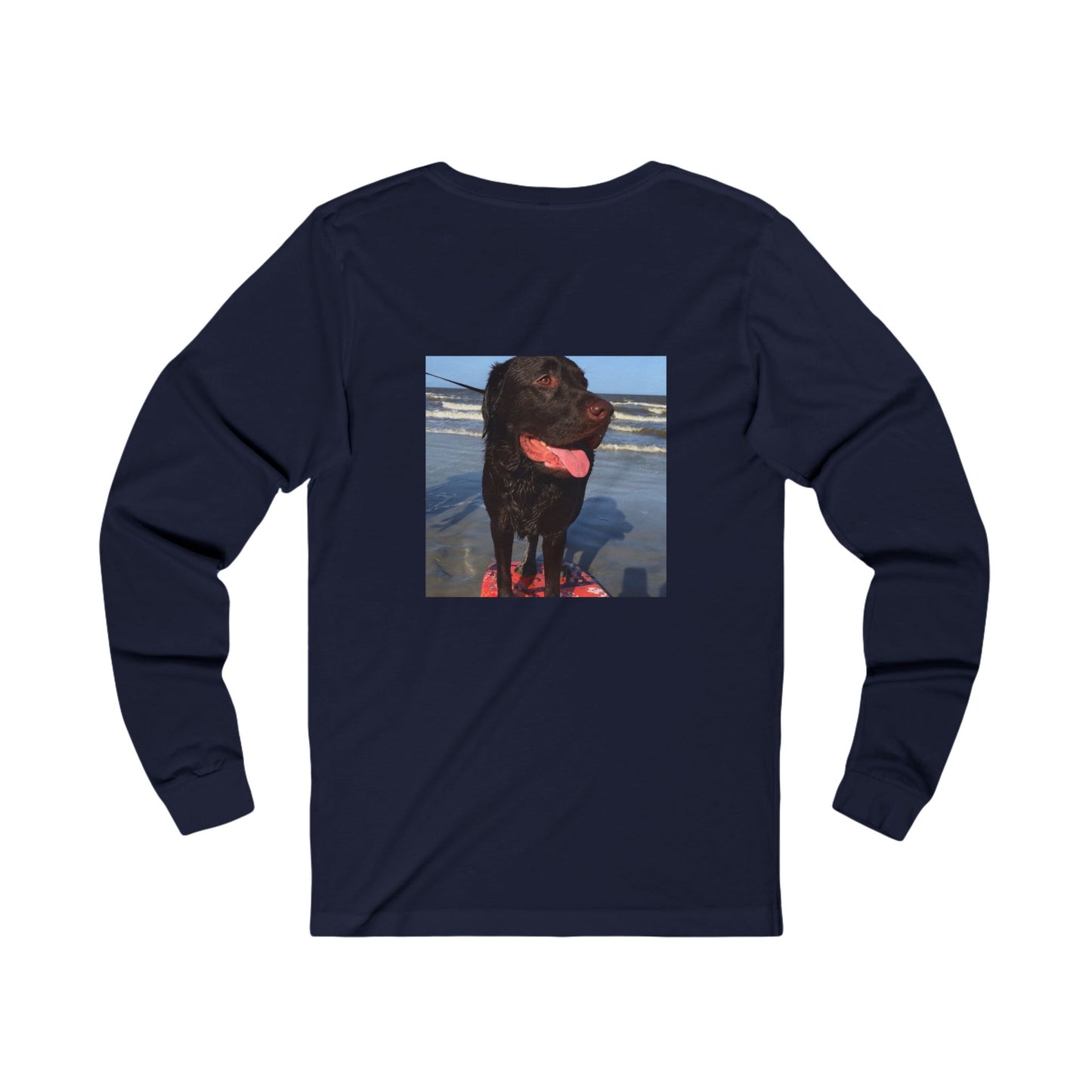 Caspian surfing at Jekyll Island, Chocolate Service dog, Unisex Jersey Long Sleeve Tee