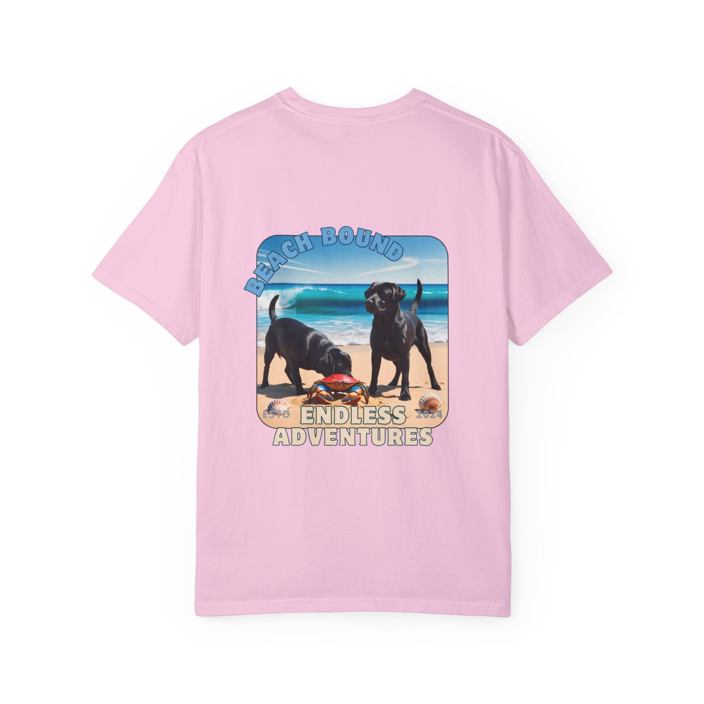 Jetty’s Adventures, Beach Bound, two labs , Unisex Garment-Dyed T-shirt