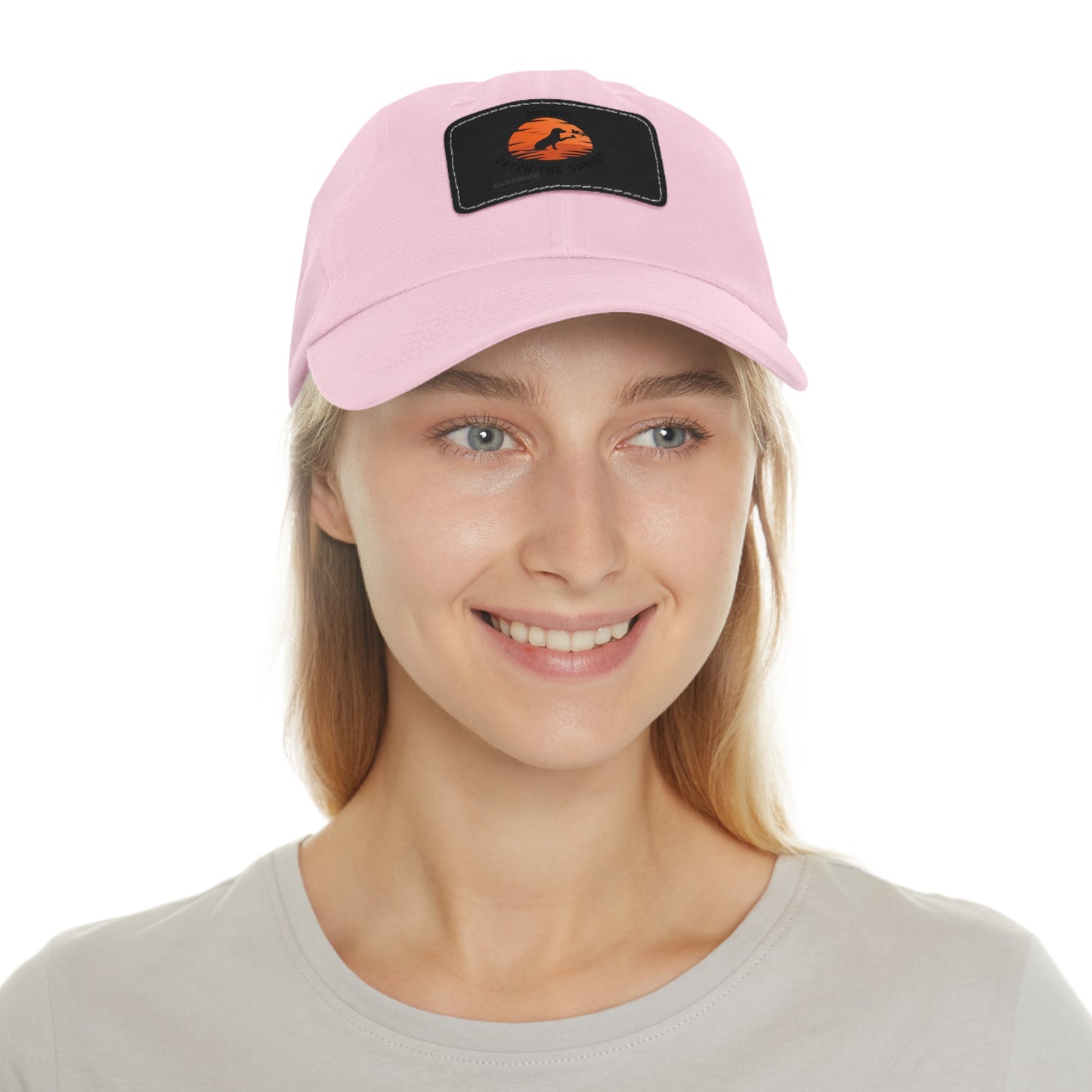Catch the sunset, dog and butterfly, Dad Hat with Leather Patch (Rectangle)
