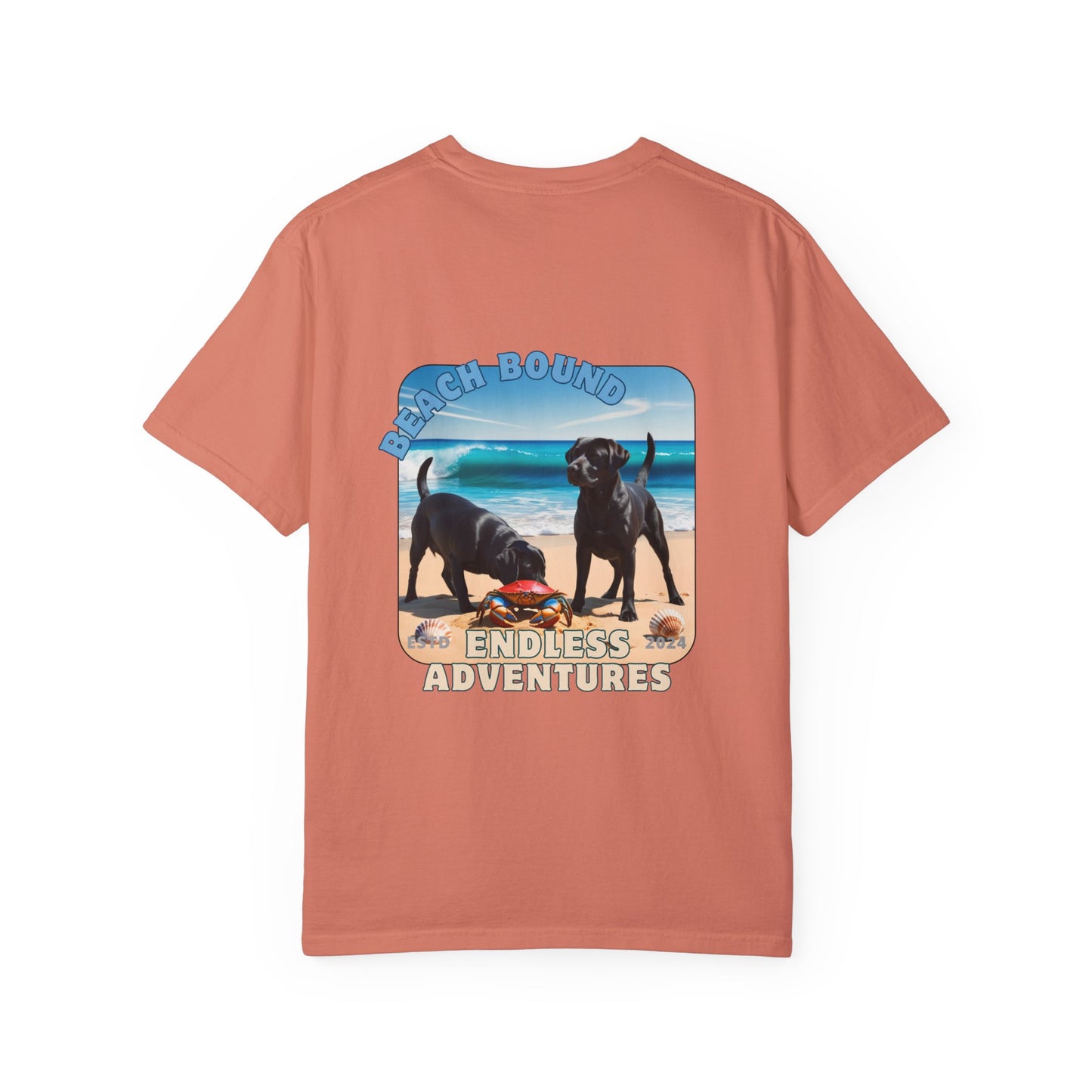 Jetty’s Adventures, Beach Bound, two labs , Unisex Garment-Dyed T-shirt