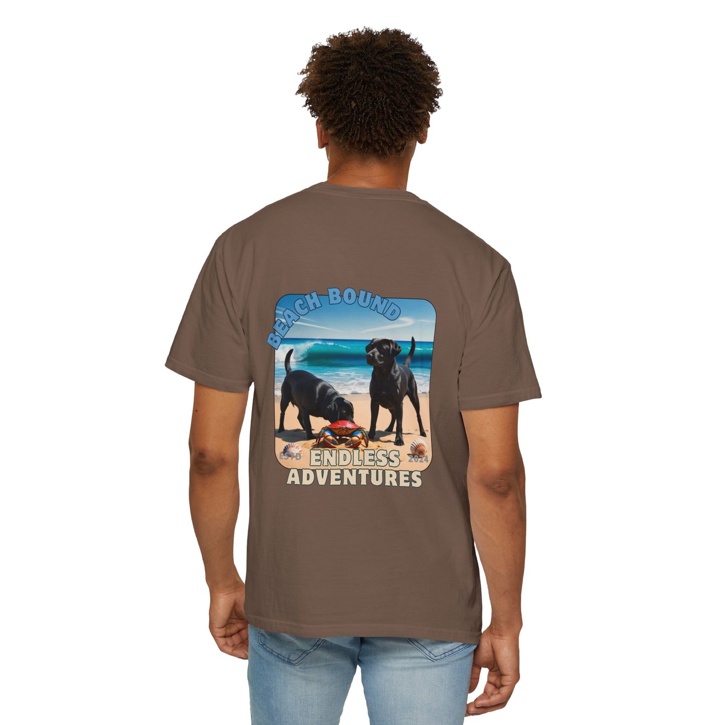 Jetty’s Adventures, Beach Bound, two labs , Unisex Garment-Dyed T-shirt