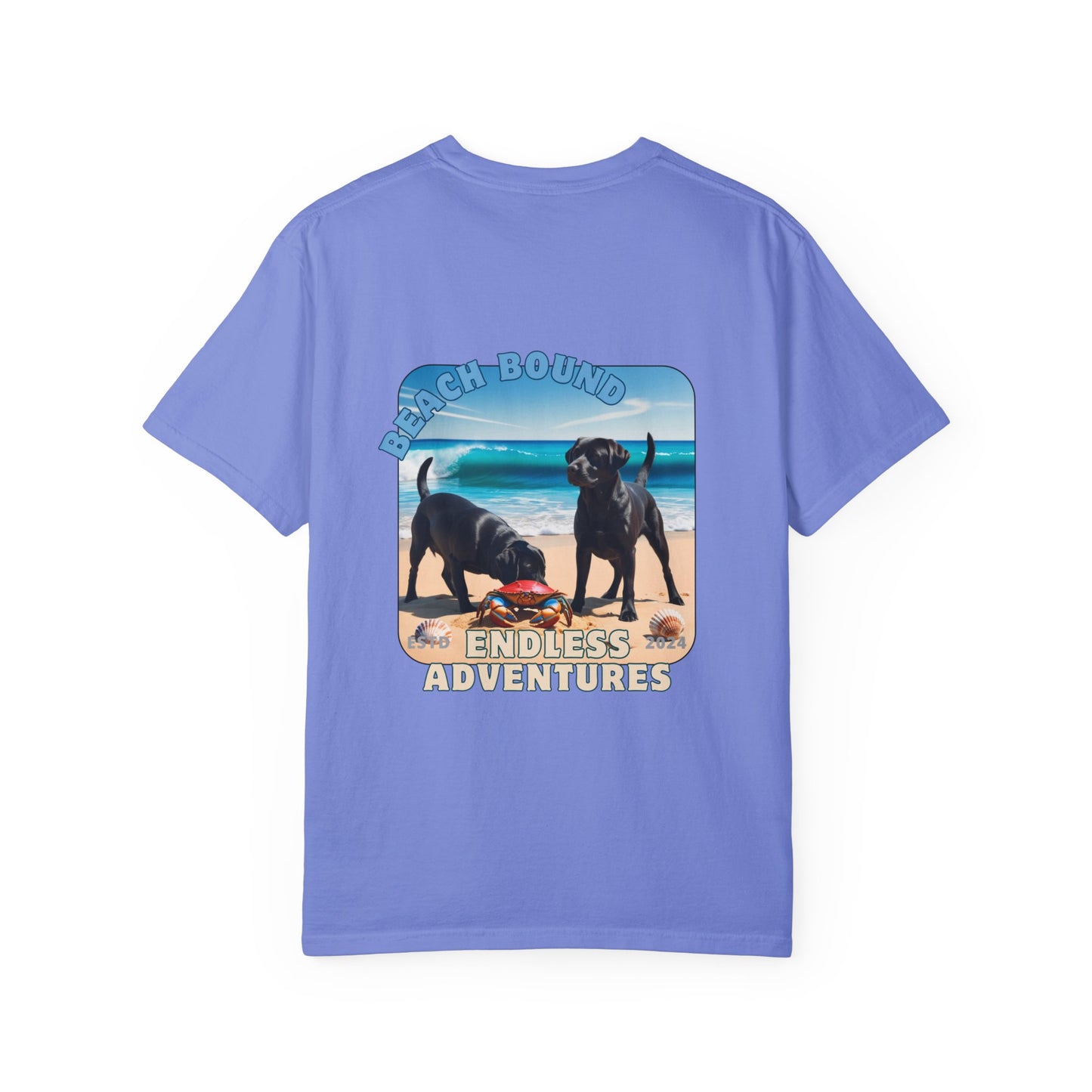 Jetty’s Adventures, Beach Bound, two labs , Unisex Garment-Dyed T-shirt