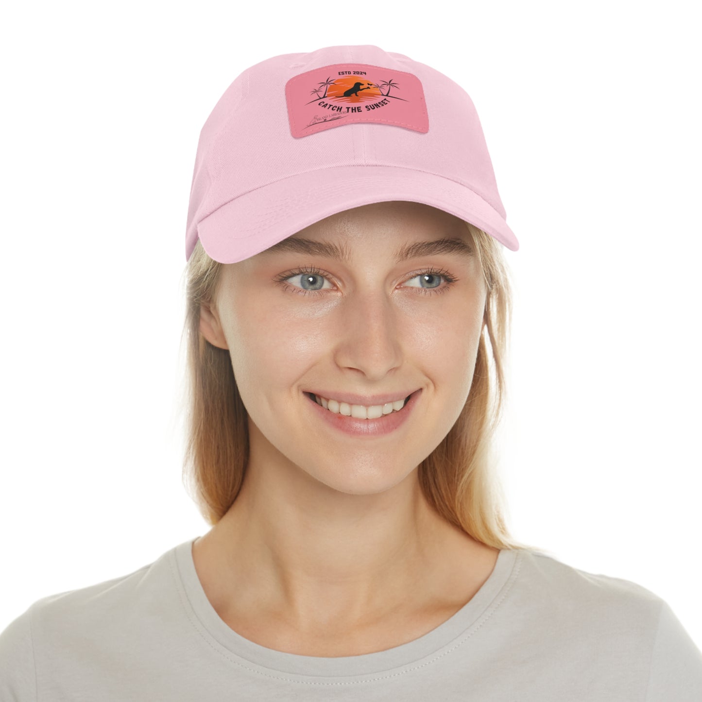 Catch the sunset, dog and butterfly, Dad Hat with Leather Patch (Rectangle)
