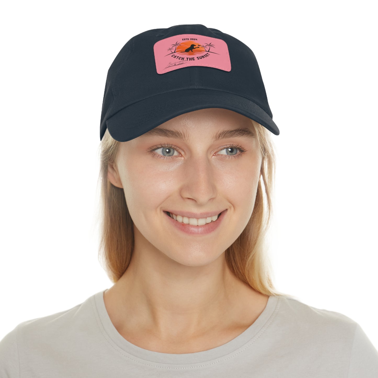 Catch the sunset, dog and butterfly, Dad Hat with Leather Patch (Rectangle)