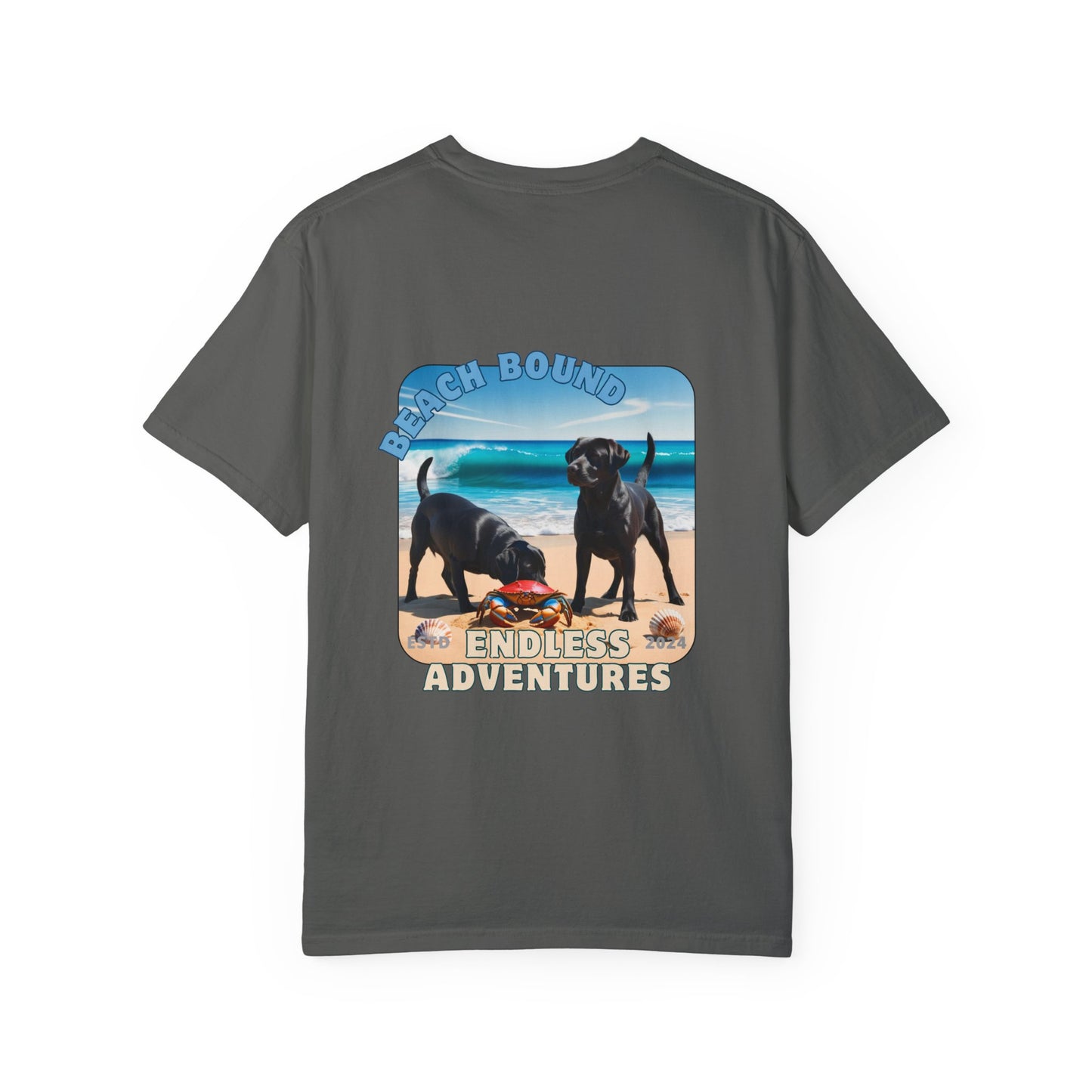 Jetty’s Adventures, Beach Bound, two labs , Unisex Garment-Dyed T-shirt