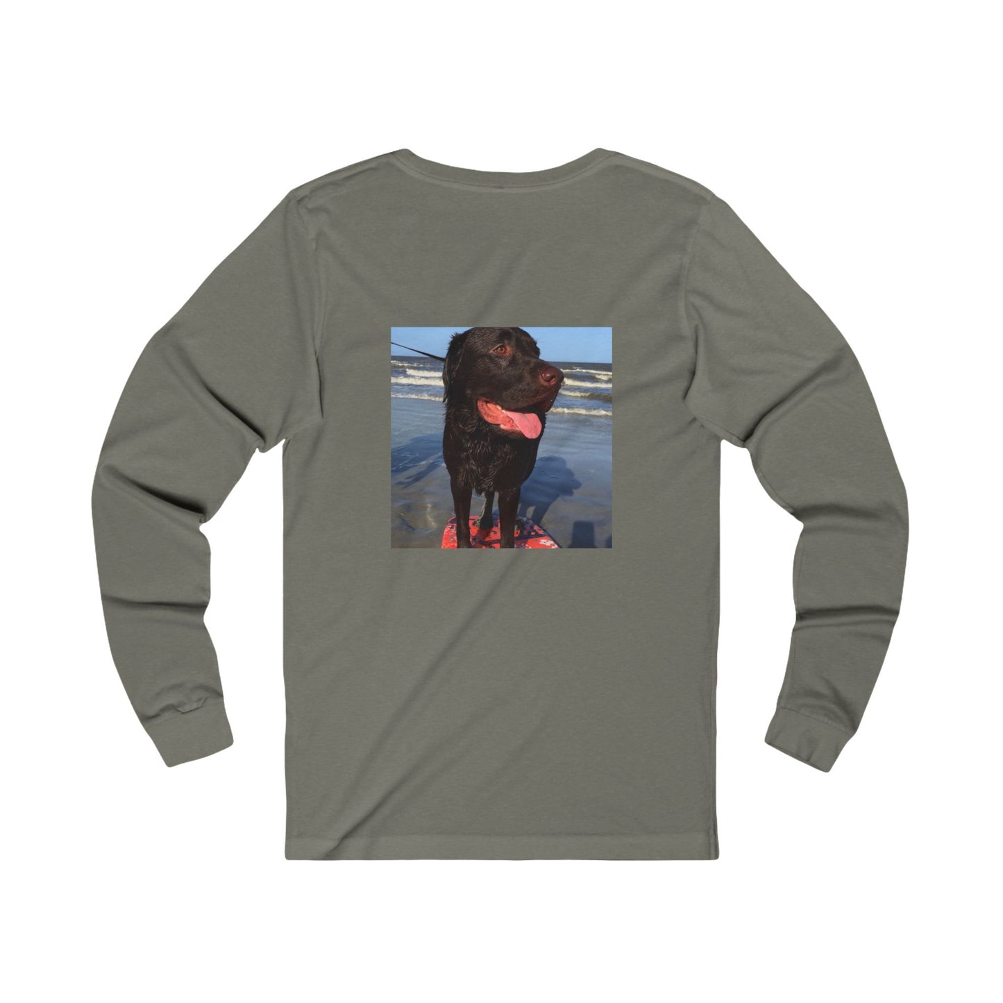 Caspian surfing at Jekyll Island, Chocolate Service dog, Unisex Jersey Long Sleeve Tee