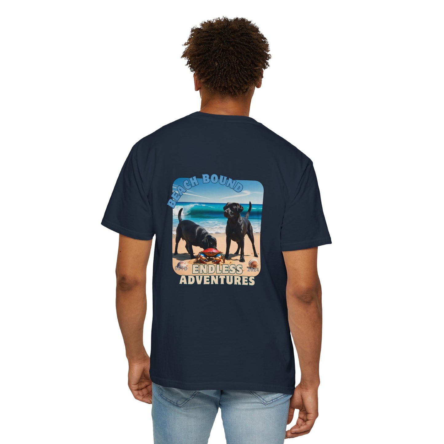 Jetty’s Adventures, Beach Bound, two labs , Unisex Garment-Dyed T-shirt
