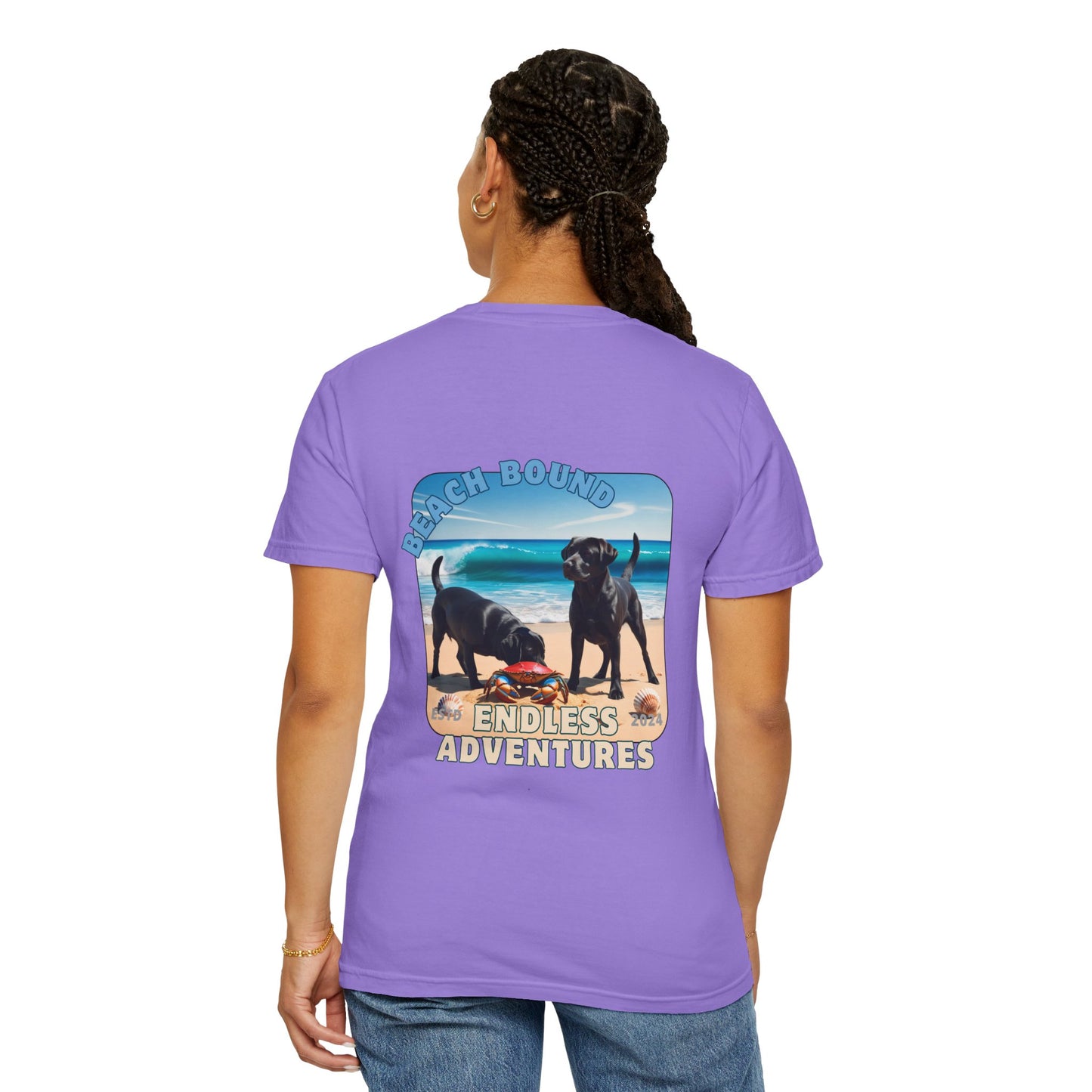 Jetty’s Adventures, Beach Bound, two labs , Unisex Garment-Dyed T-shirt