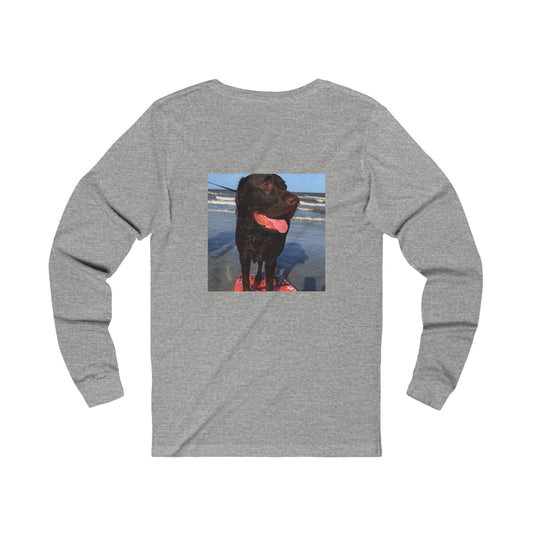 Caspian surfing at Jekyll Island, Chocolate Service dog, Unisex Jersey Long Sleeve Tee