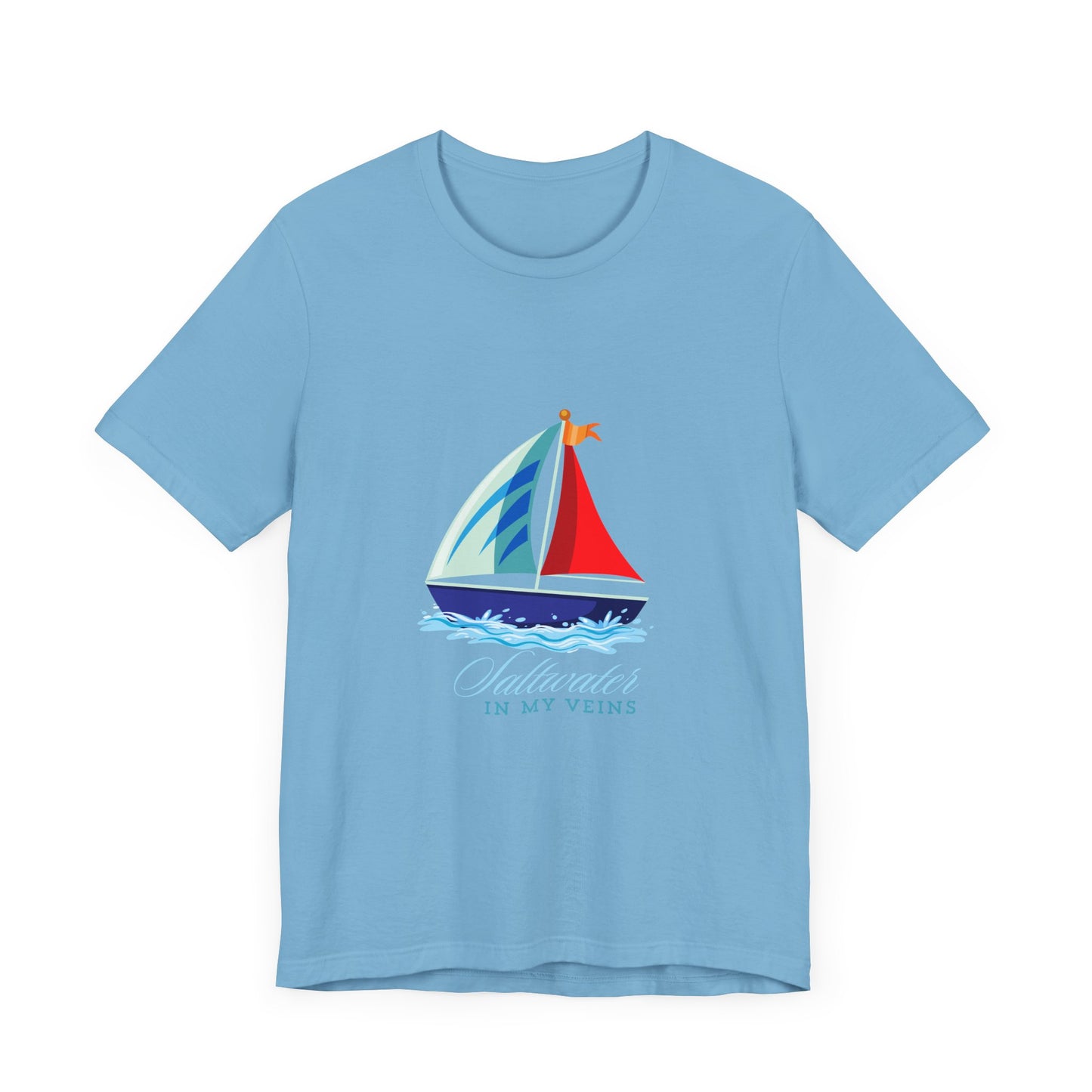 Ocean-inspired tee with a sailboat 'Saltwater in My Veins' for true sea lovers