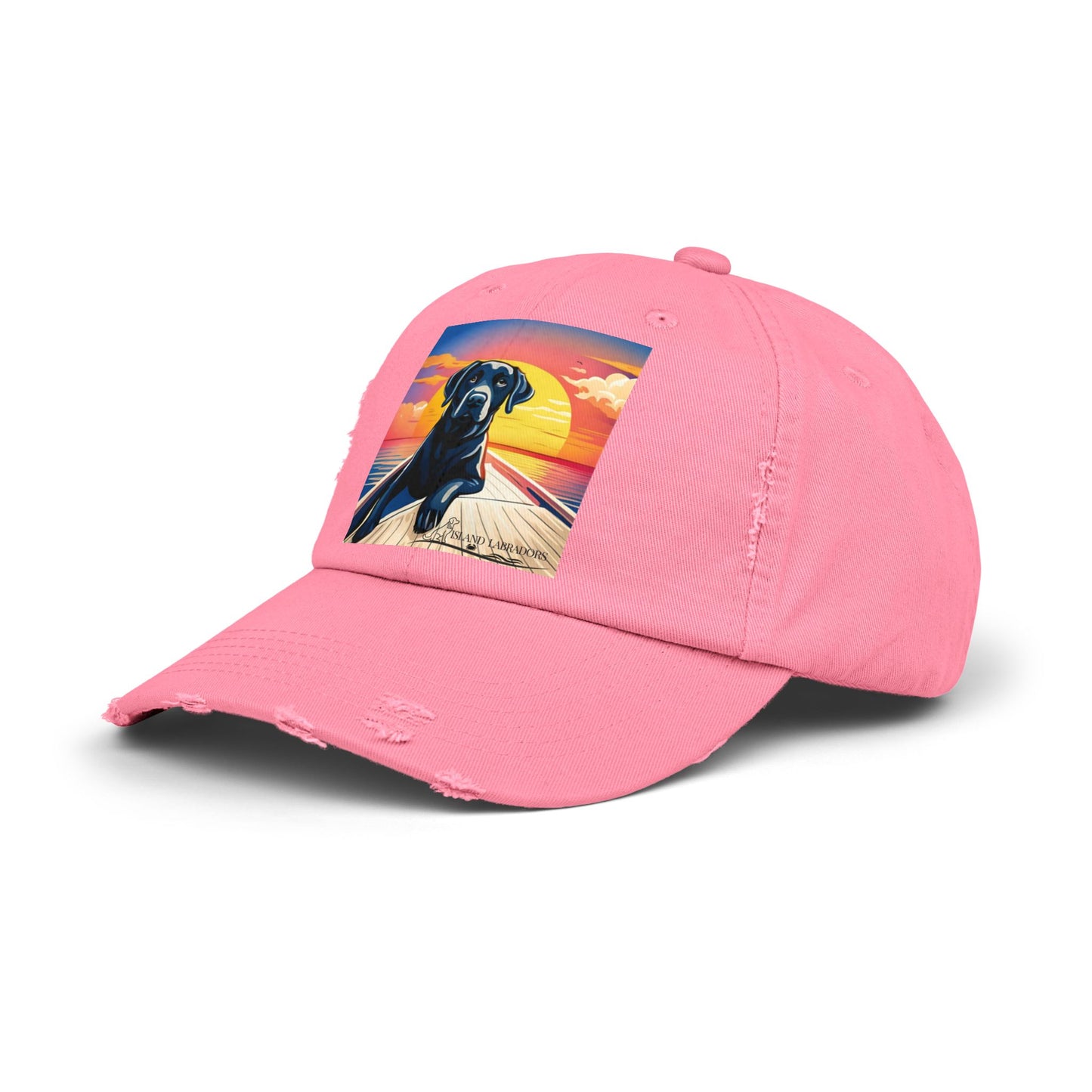 Sunset lab on a boat, Unisex Distressed Cap