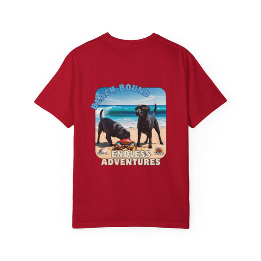 Jetty’s Adventures, Beach Bound, two labs , Unisex Garment-Dyed T-shirt