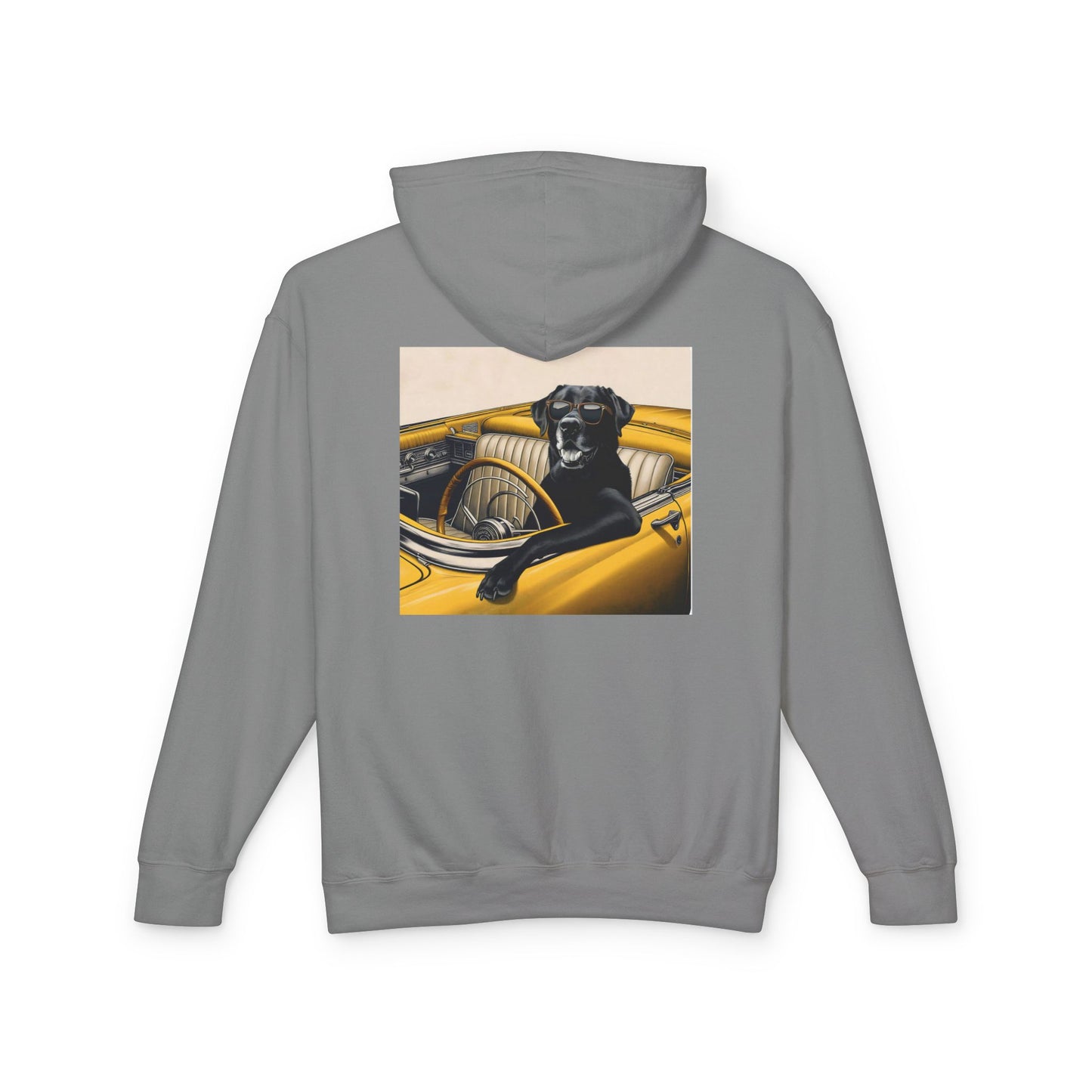 Cool lab, classic yellow 1955 convertible Porsche