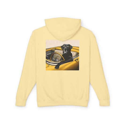 Cool lab, classic yellow 1955 convertible Porsche